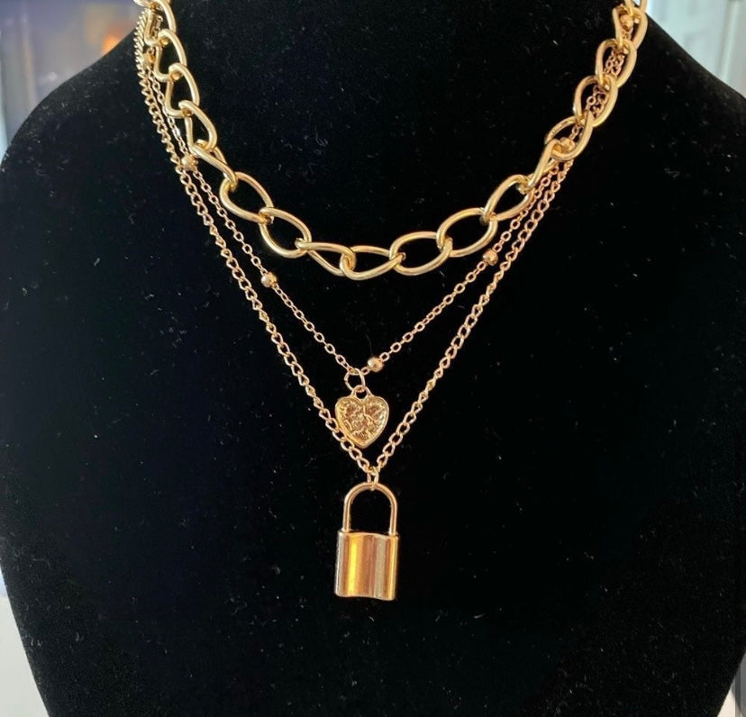 GOLD Heart & Lock Multi Chain Necklace