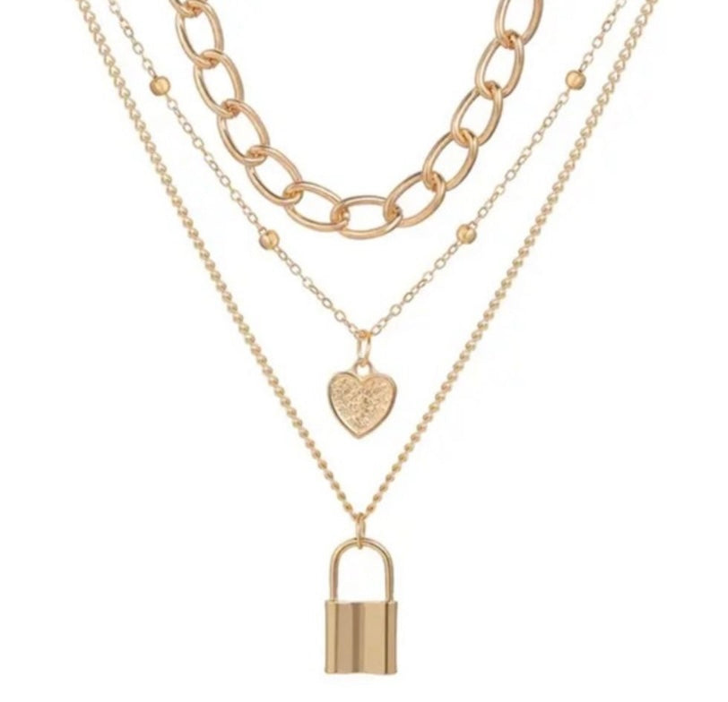 GOLD Heart & Lock Multi Chain Necklace
