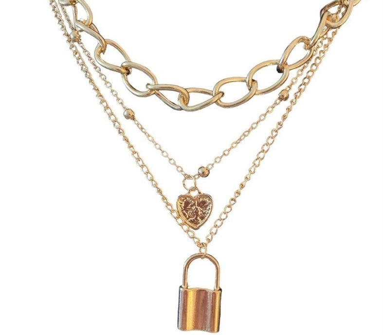 GOLD Heart & Lock Multi Chain Necklace