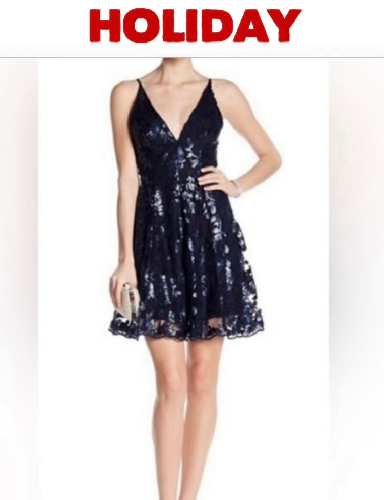 DRESS THE POPULATION Navy Sequin Cocktail Dress *Size L