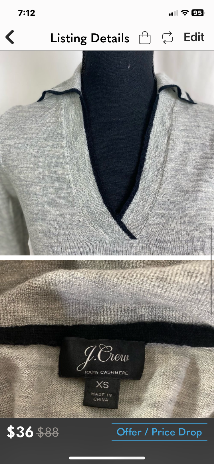 J. CREW Cashmere Collard Sweater *Size XS