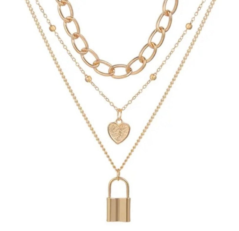 A. GOLD Heart & Lock Multi Chain Necklace