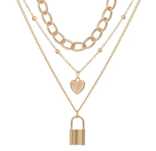 A. GOLD Heart & Lock Multi Chain Necklace