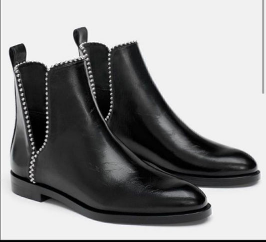 ZARA Black Studded Cut Out Ankle Boots Size 38